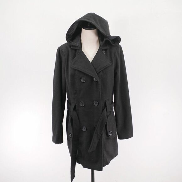 Metaphor Medium Black Double Breasted Belted‎ Hooded Polyester Blend Overcoat - Picture 1 of 11